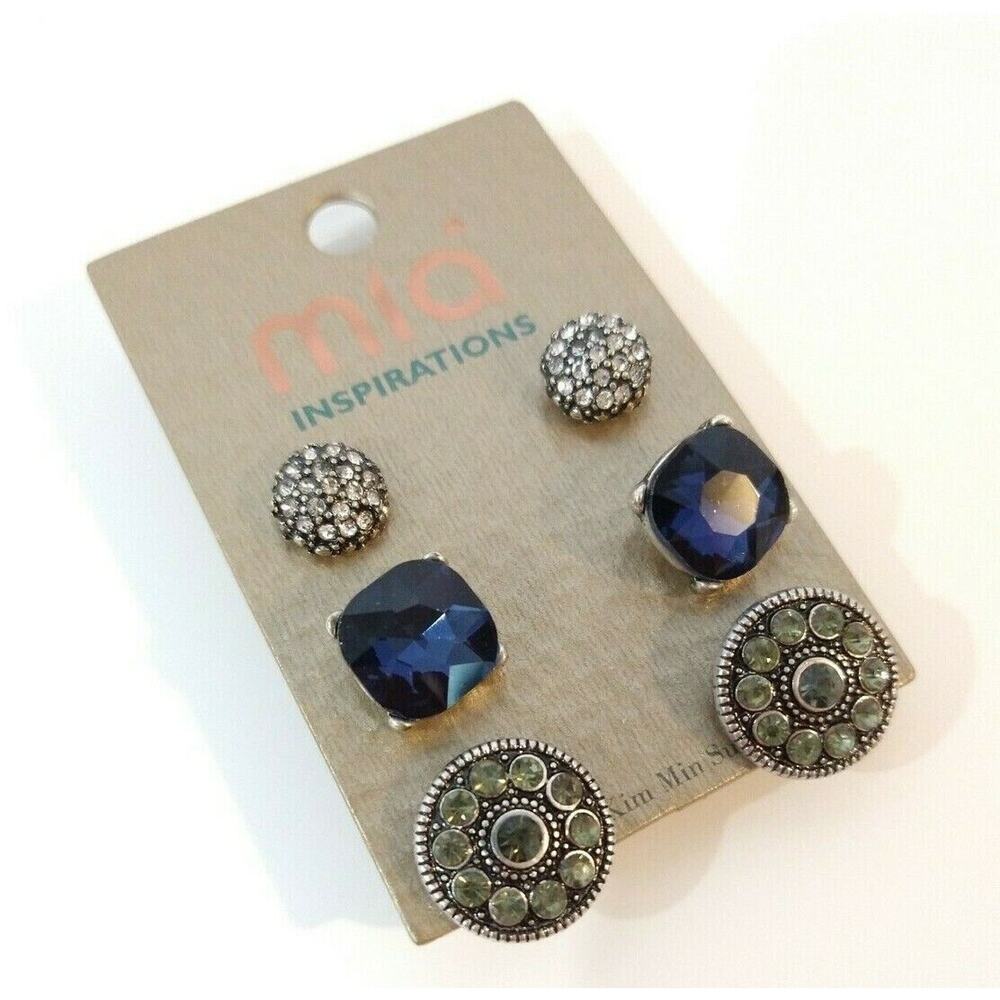 3-piece Silver Earring Set Faux Diamonds & Brilliant Blue Studs Mia Inspirations